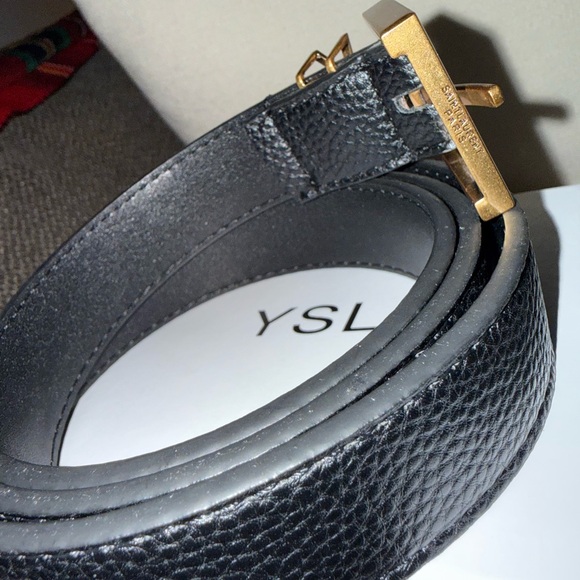 Yves Saint Laurent Black Leather Belt with Gold Logo - Picture 4 of 6